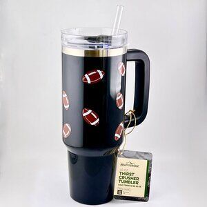 NEW Aldi Adventuridge 40oz Tumbler w/ Handle Black with Footballs Thirst Crusher